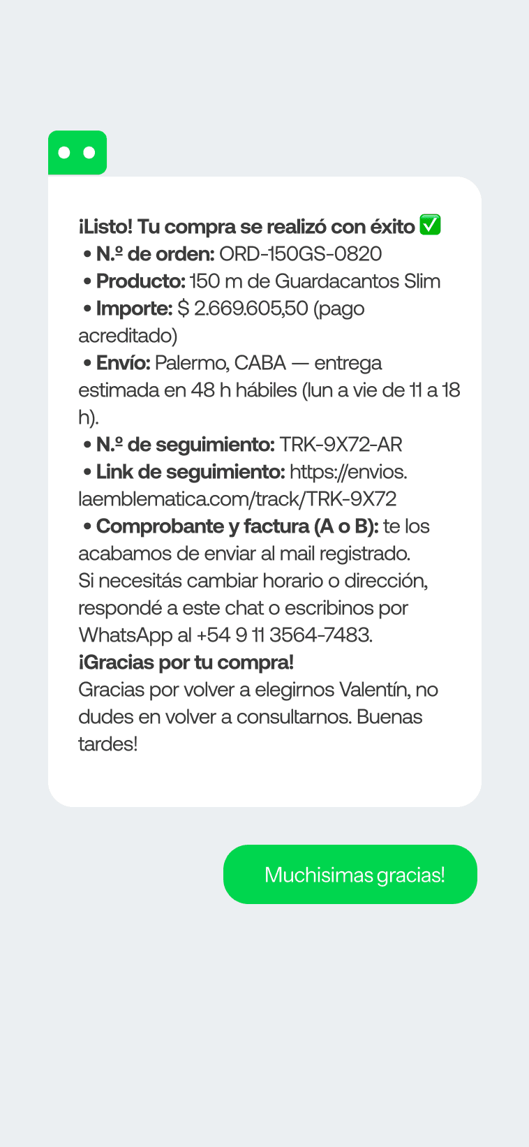 Conversación de WhatsApp: compra realizada con éxito, número de orden y seguimiento