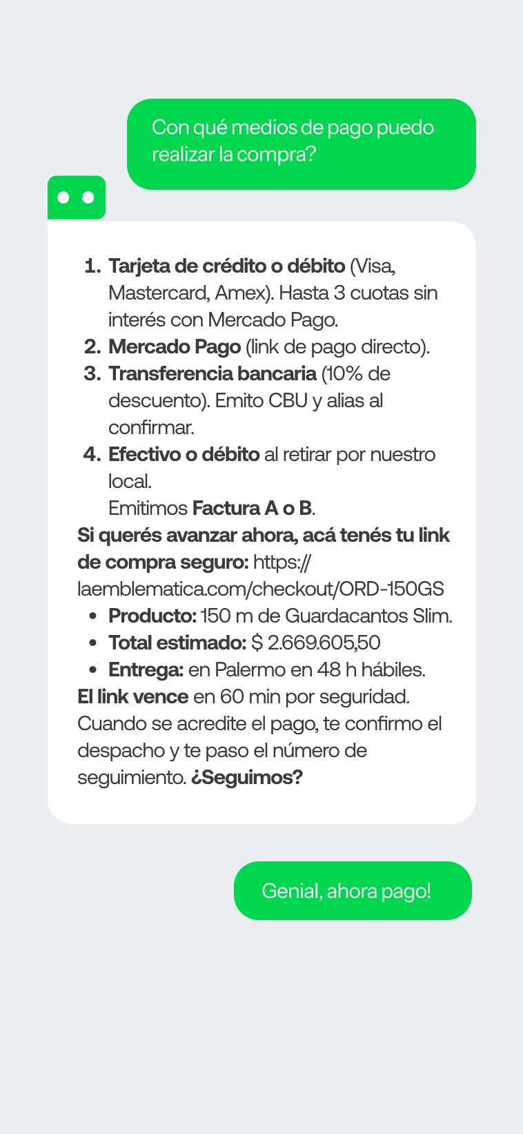 Conversación de WhatsApp: medios de pago y link de compra seguro